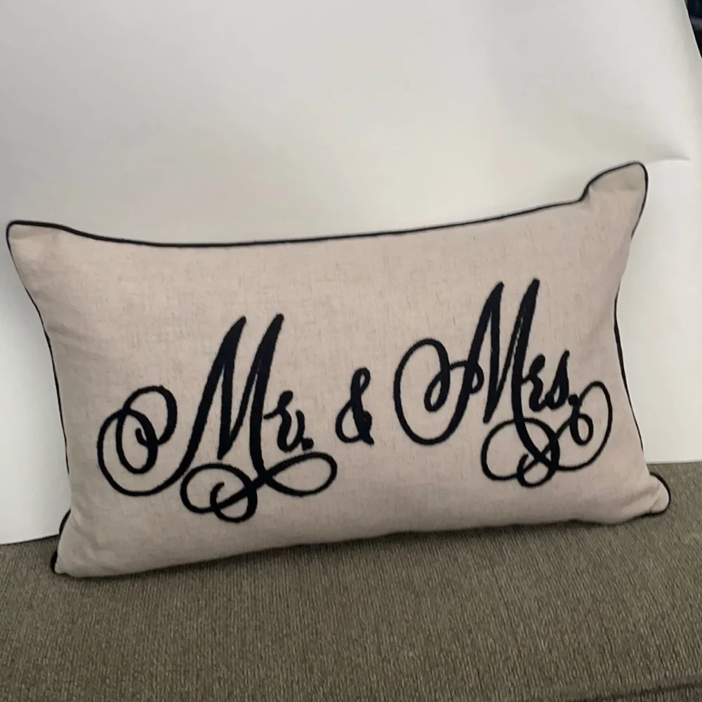 “Mr & Mrs.” Embroidered Script Long Rectangle Black & Oatmeal Anthropology